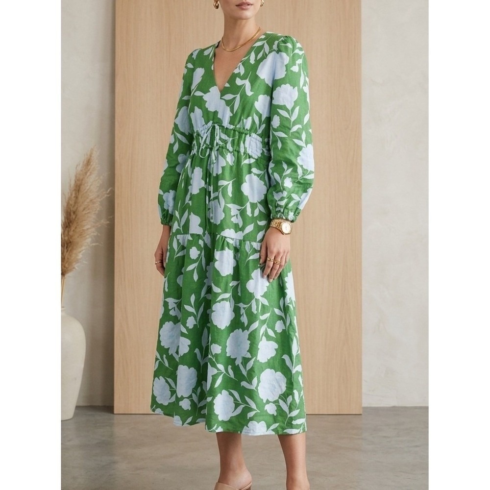 Kate Spade Target Floral Midi Dress Womens M Green Tiered Linen Long Sleeve